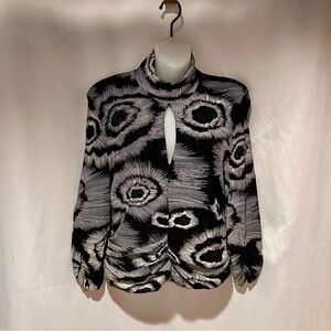 Vintage Designer Black and White Dressy Shirred Turtleneck Sparkly Keyhole Top